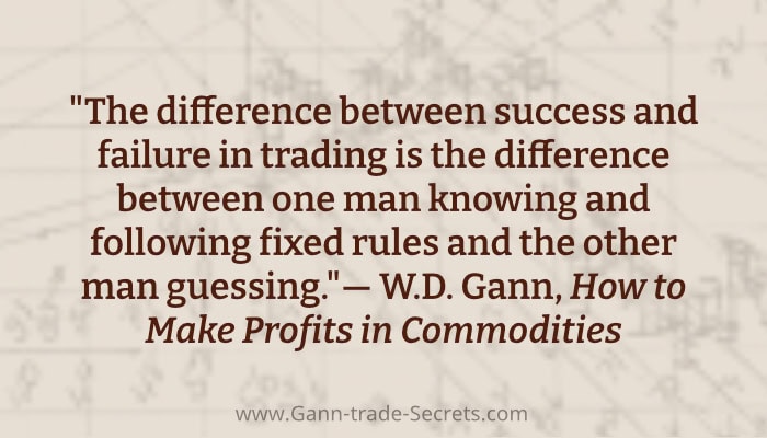 W.D. Gann quote on success and failure in trading: The difference between success and failure in trading is the difference between one man knowing and following fixed rules and the other man guessing