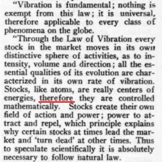 W.D. Gann's Law of Vibration explanation printed in The Ticker and Investment Digest, December 1909, with the word therefore underlined in red